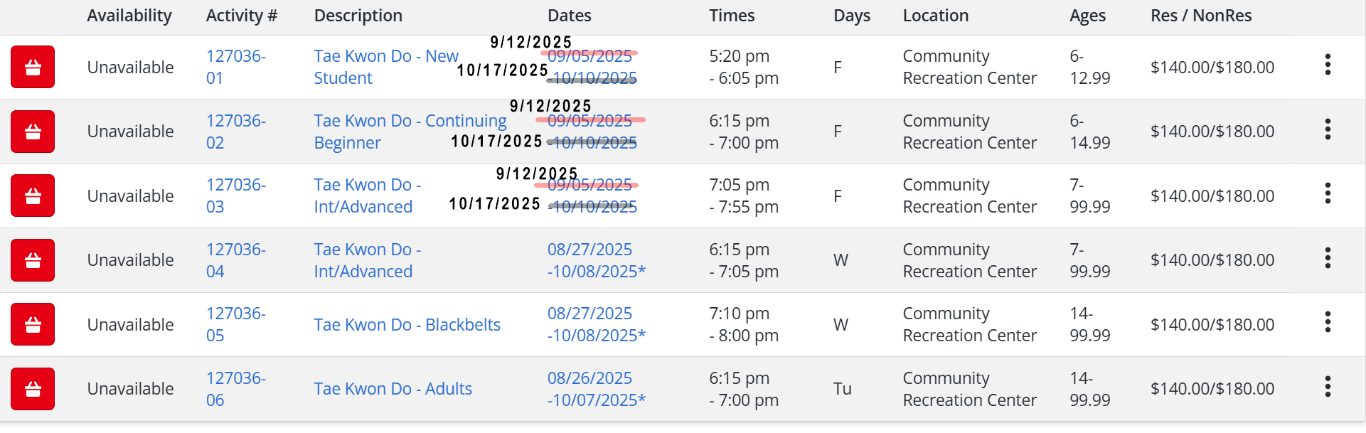 Young Tigers Taekwondo 2025 Early Fall Schedule